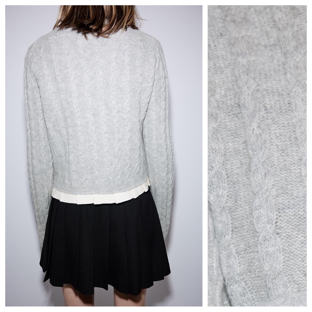 NWT. Zara Grey 100% Wool Cable-Knit Cardigan with Trims. Size L. - Picture 6 of 12